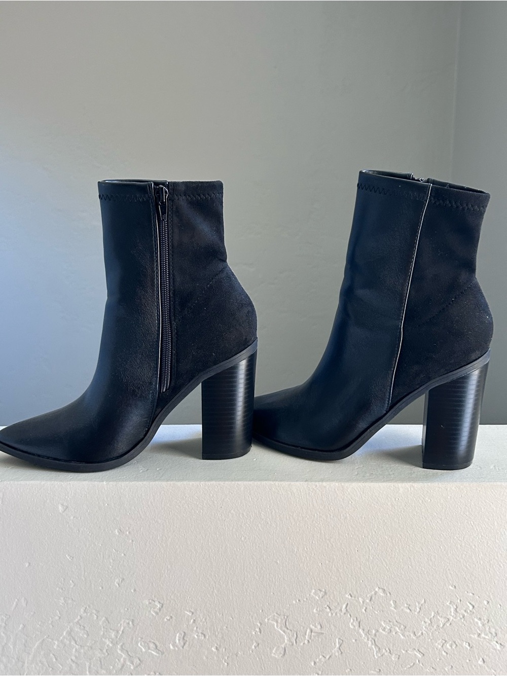 Lulu's Black Mixed-Material Block Heel Ankle Boots